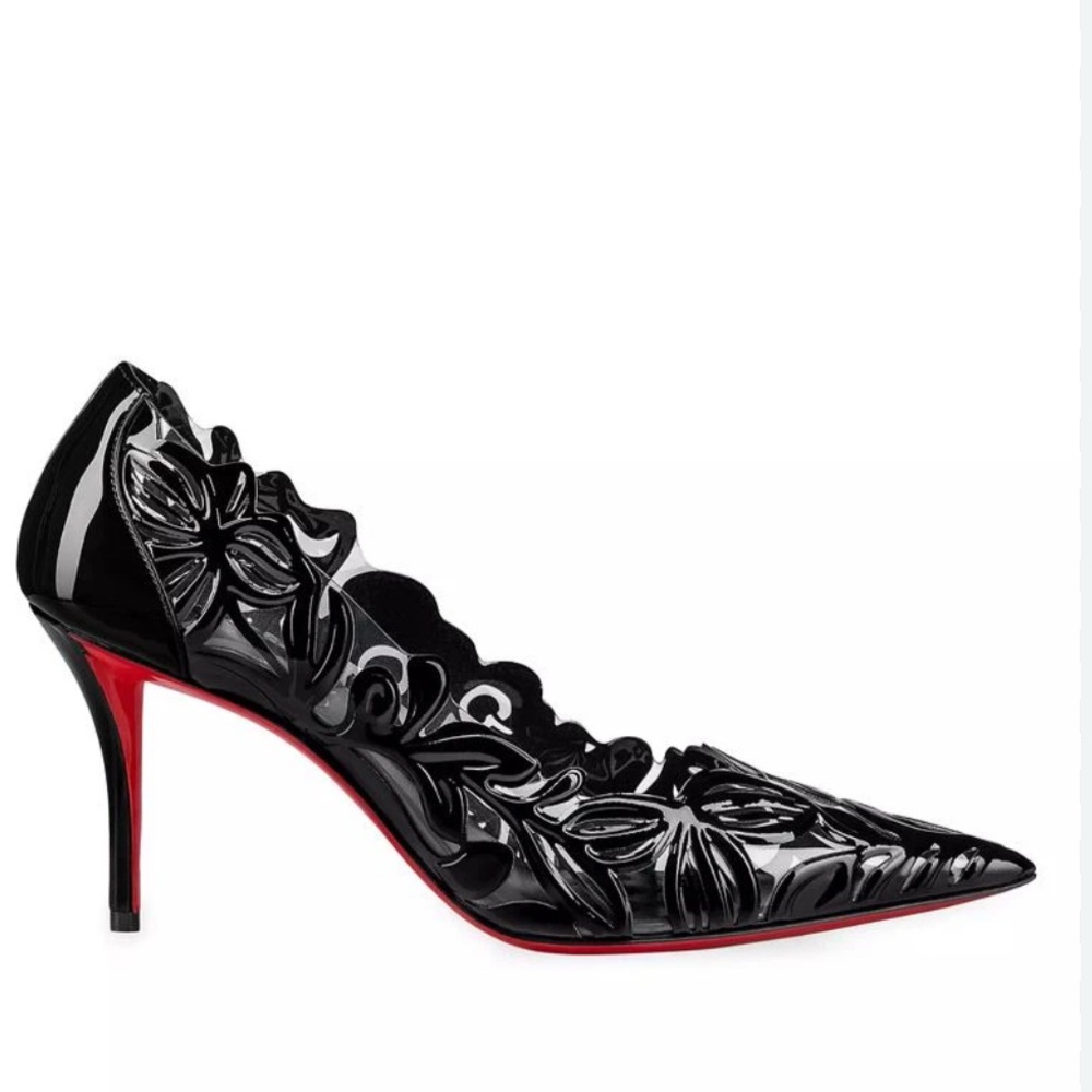 Elegant Christian Louboutin PVC Petunia Apostropha Black Stiletto Heels